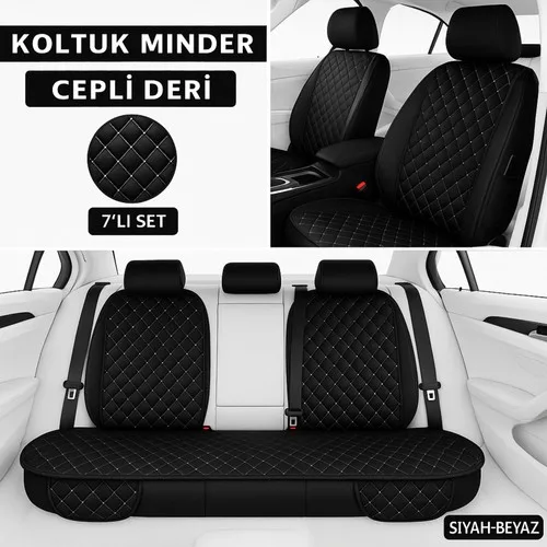 Audi 100  1976–1994 Uyumlu 7 Parça Kapitone Araba Koltuk Minderi Deri Siyah Beyaz - Kaymaz | Trobus