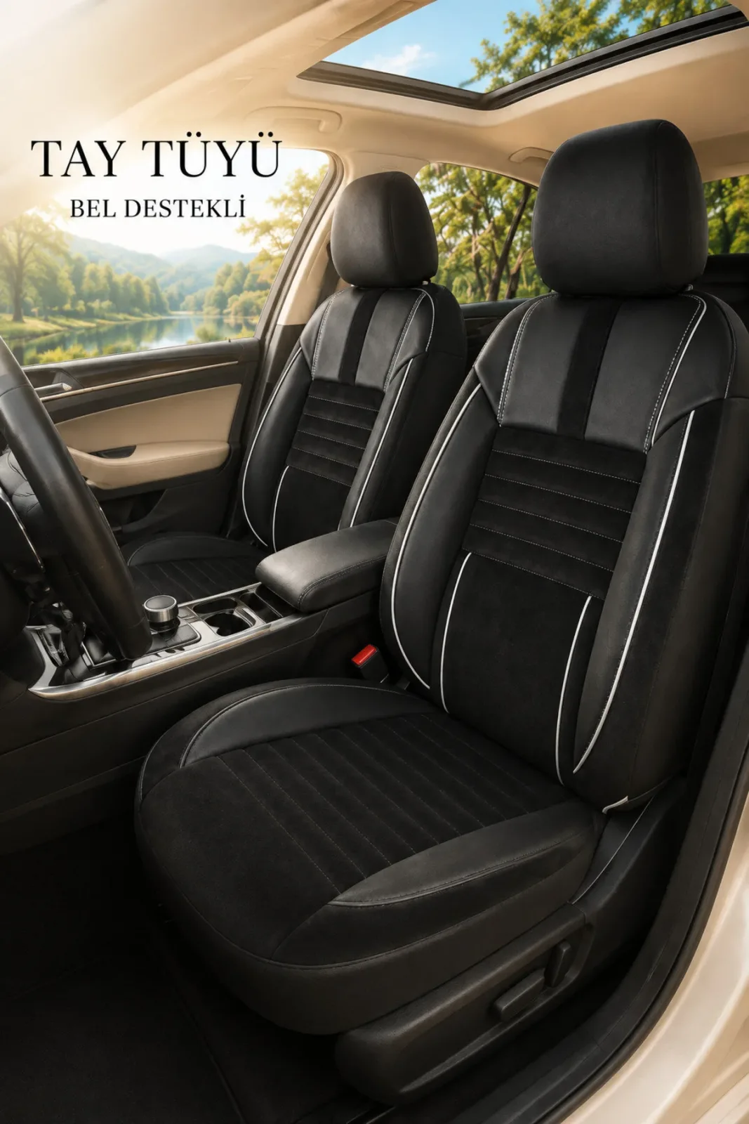 Audi A3 Sedan 2003+ Uyumlu Apex Serisi Tay Tüyü Bel Destekli Siyah Beyaz Koltuk Kılıfı