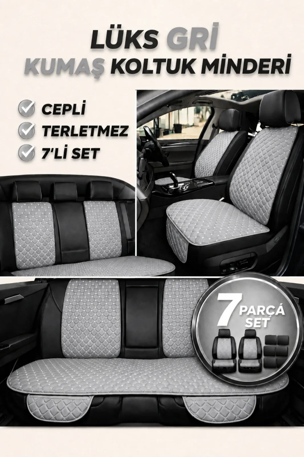 Chery Tiggo 7 Pro 2023–2024 Uyumlu Kumaş Koltuk Minderi Kapitone Desen Terletmez Yedili Gri