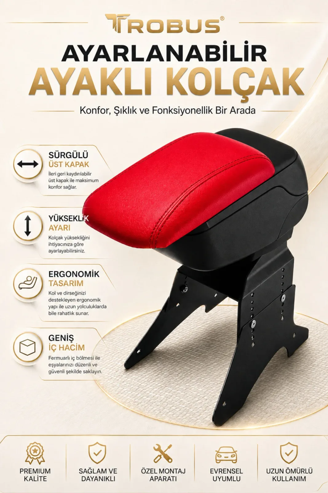 Chevrolet Spark 2005-2015 Uyumlu Kırmızı Ayaklı Sürgülü Kolçak Ayarlanabilir Yükseklikli