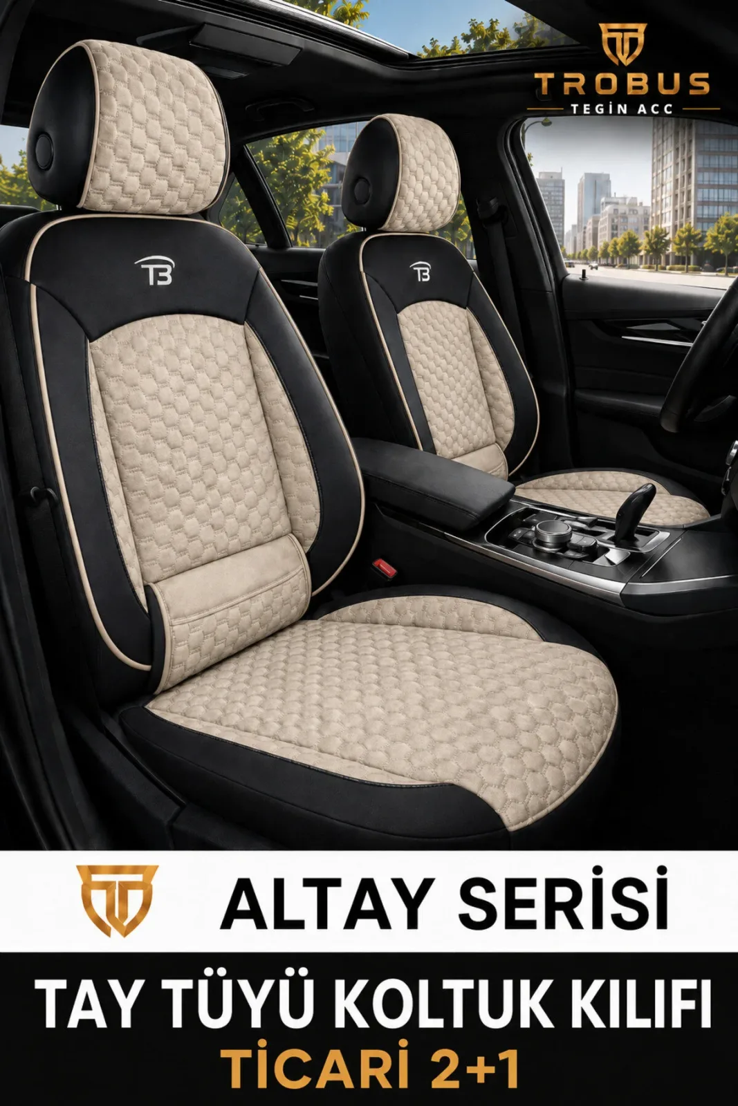 Citroen C4 2004-2010 2+1 Arka Sırt Oturak Uyumlu Altay Serisi Bej Siyah Koltuk Kılıfı