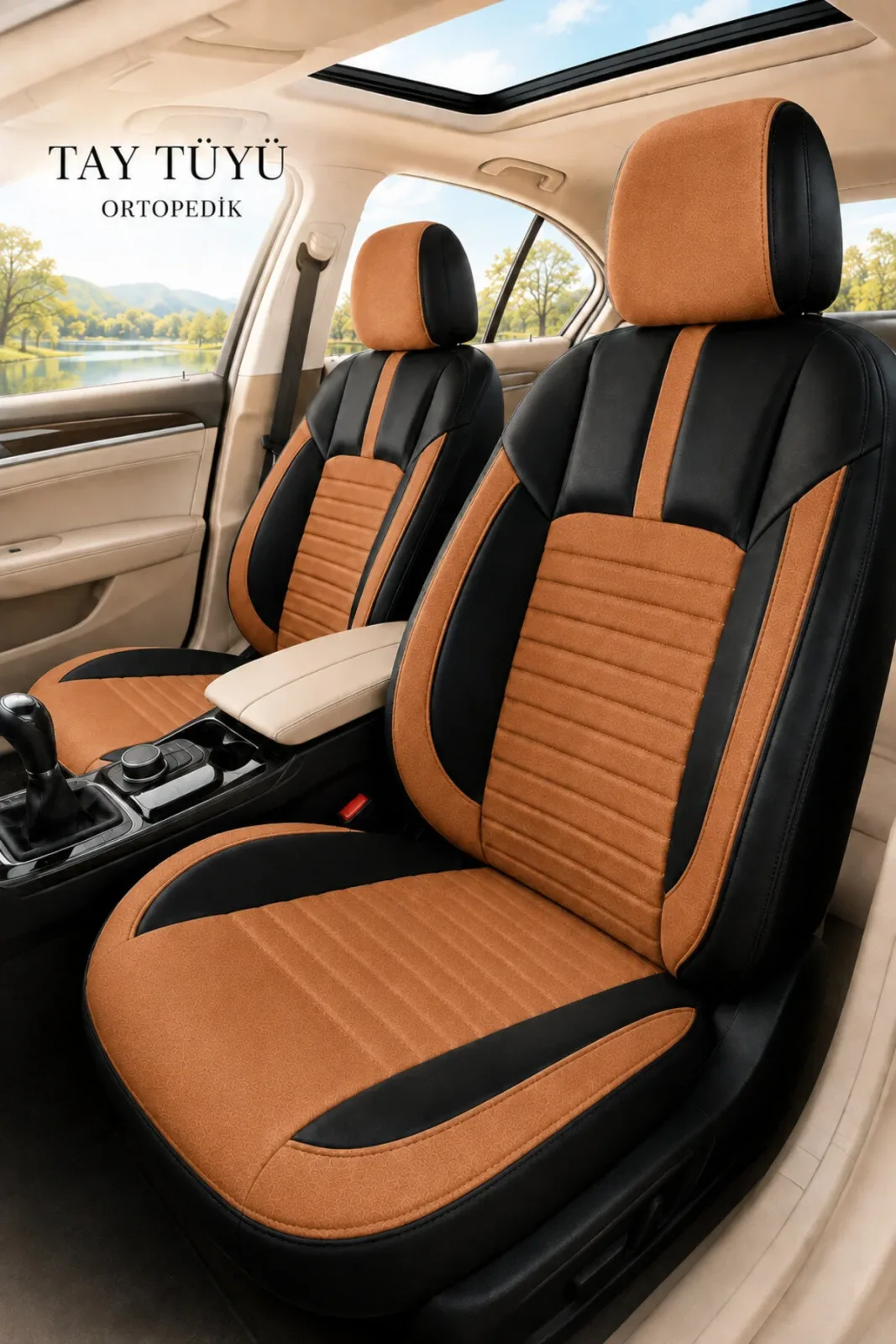 Fiat 500X 2014+ Uyumlu İnci Serisi Tay Tüyü Taba Siyah Premium Koltuk Kılıfı