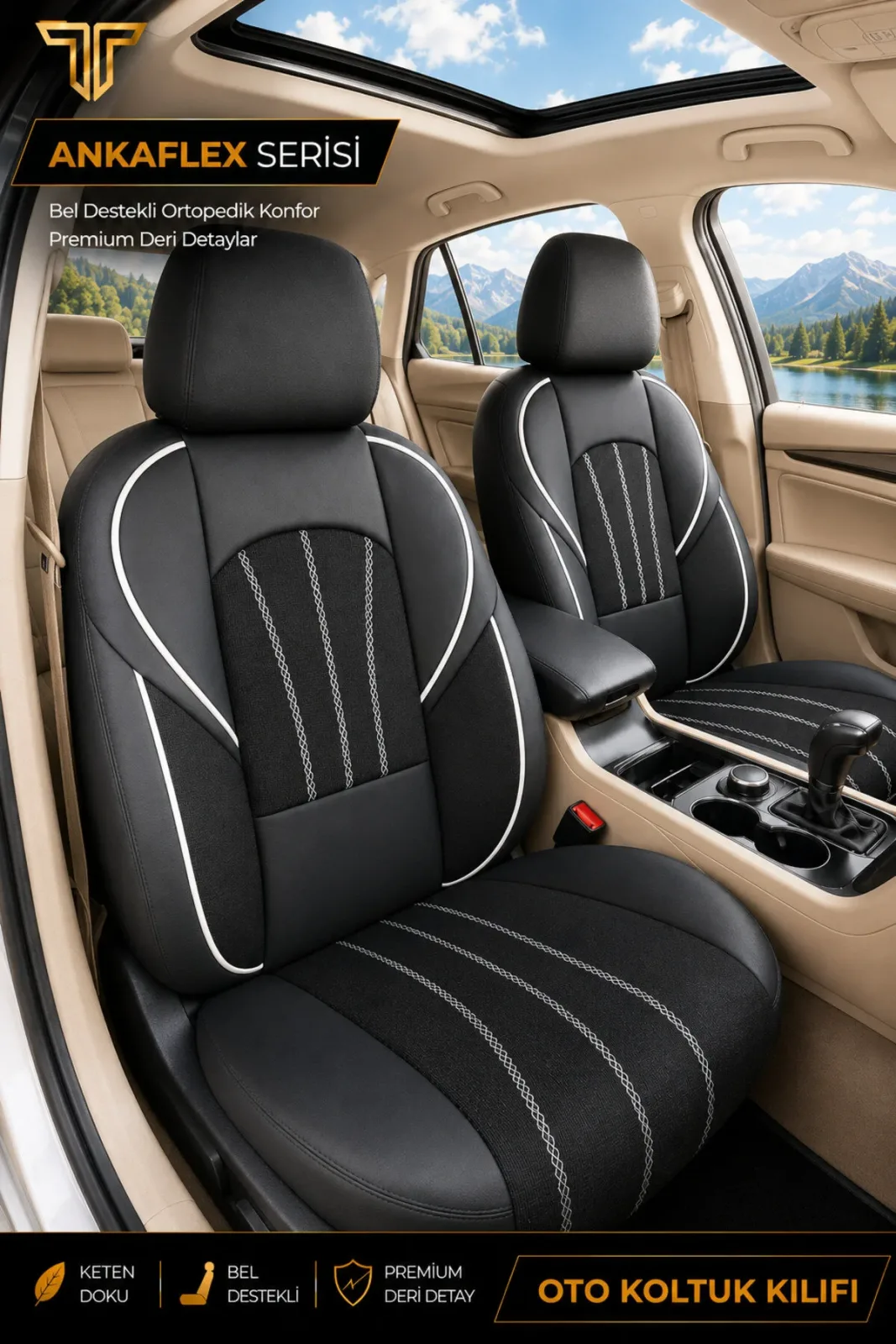 Fiat Egea HB 2017+ Uyumlu ANKAFLEX Bel Destekli Keten Deri Siyah Beyaz Koltuk Kılıfı