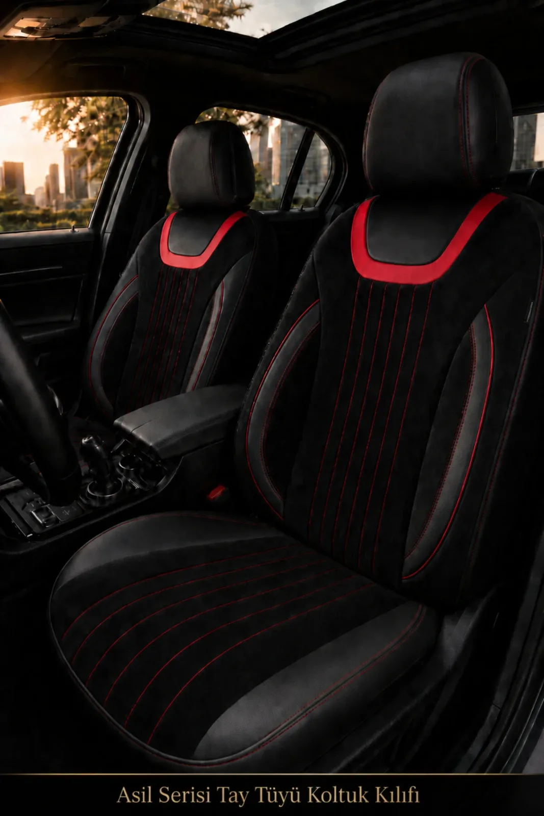 Honda City 2014+ Uyumlu Asil Serisi Ortopedik Tay Tüyü Siyah Kırmızı Koltuk Kılıfı