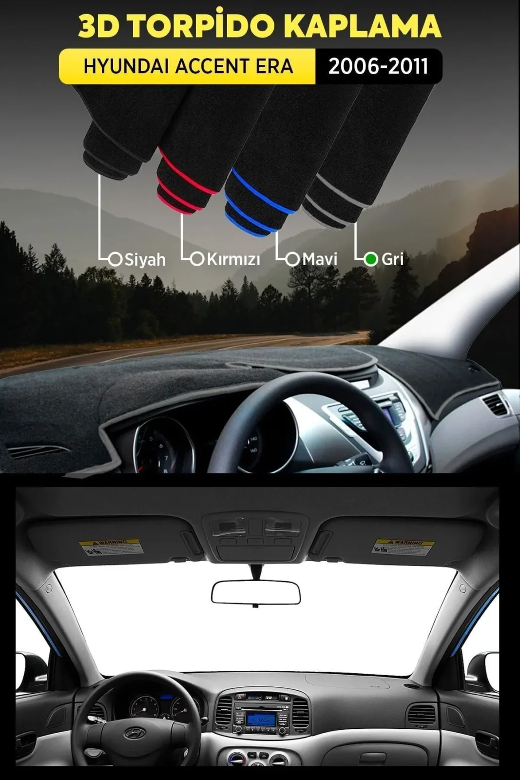 Hyundai Accent Era 2006-2011 - 3D Torpido Koruma Kılıfı - Ön Göğüs Kaplama - Gri Şerit TROBUS Accent