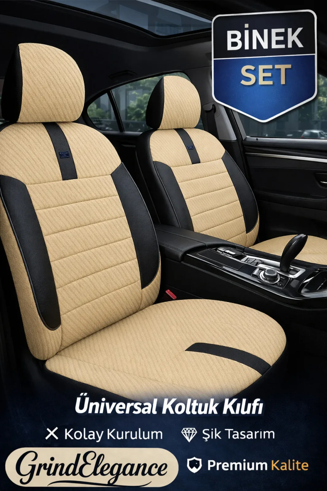 Hyundai Accent Era 2006-2012 Bütün Arka Sırt Oturak Uyumlu Vira GrindElegance Bej Siyah Koltuk Kılıf