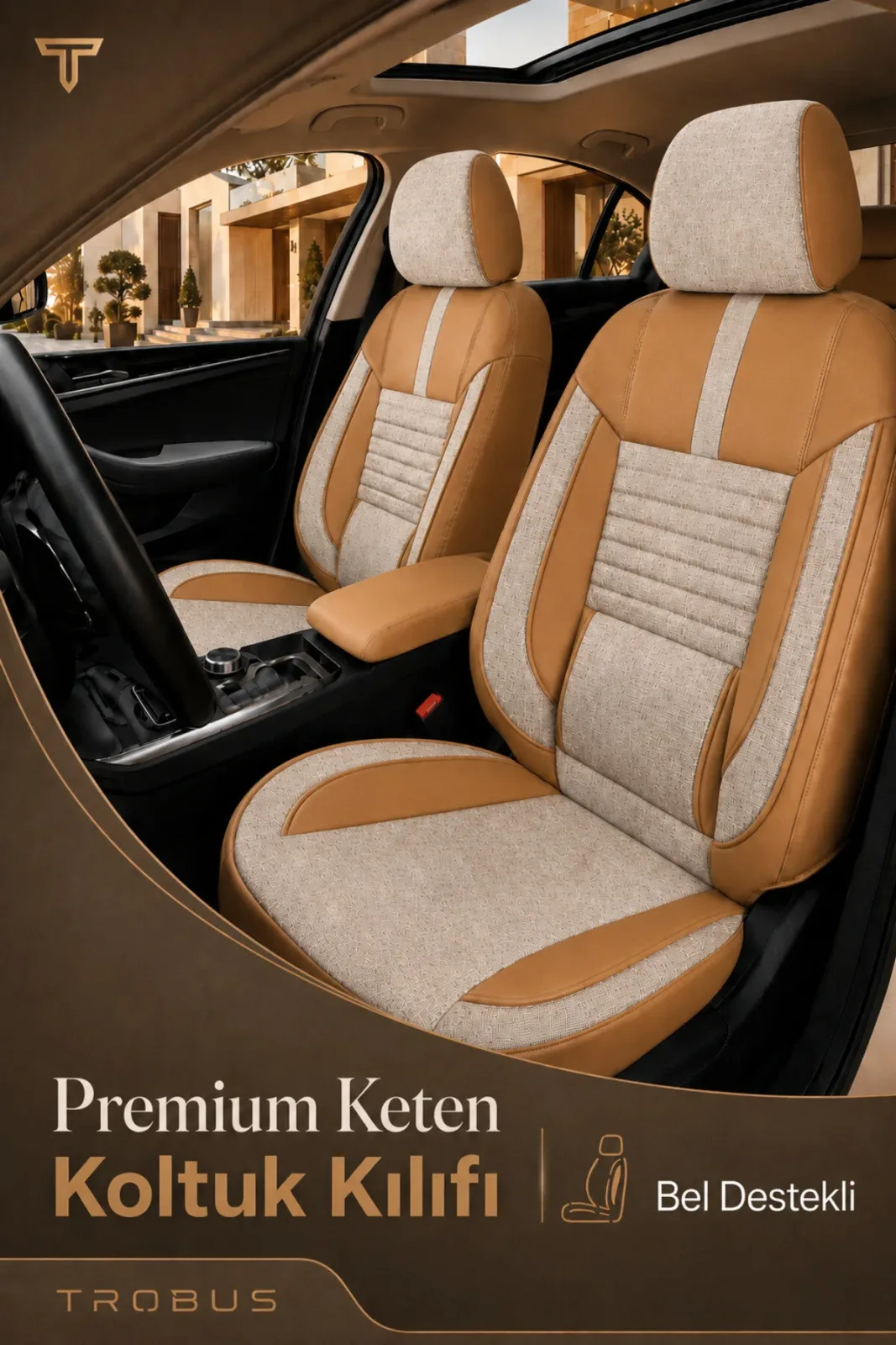 Hyundai Elantra 2011+ Uyumlu Apex Linen Bel Destekli Keten Bej Taba Koltuk Kılıfı