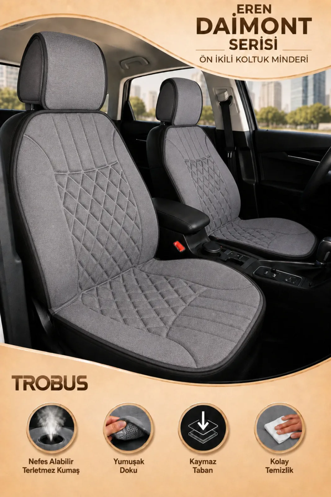Hyundai Getz 2002-2009 Uyumlu Eren Daimond 2 Parça Ön Oto Koltuk Minderi Terletmez Kaymaz Taban Gri