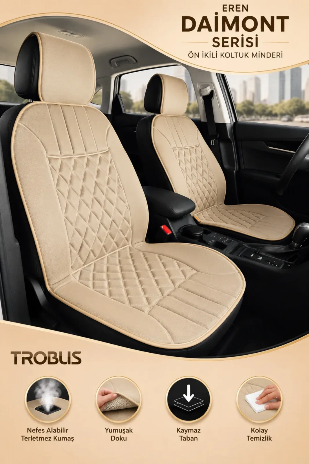 Hyundai i30 2007 ve Sonrası Uyumlu Eren Daimond 2 Parça Ön Oto Koltuk Minderi Terletmez Bej
