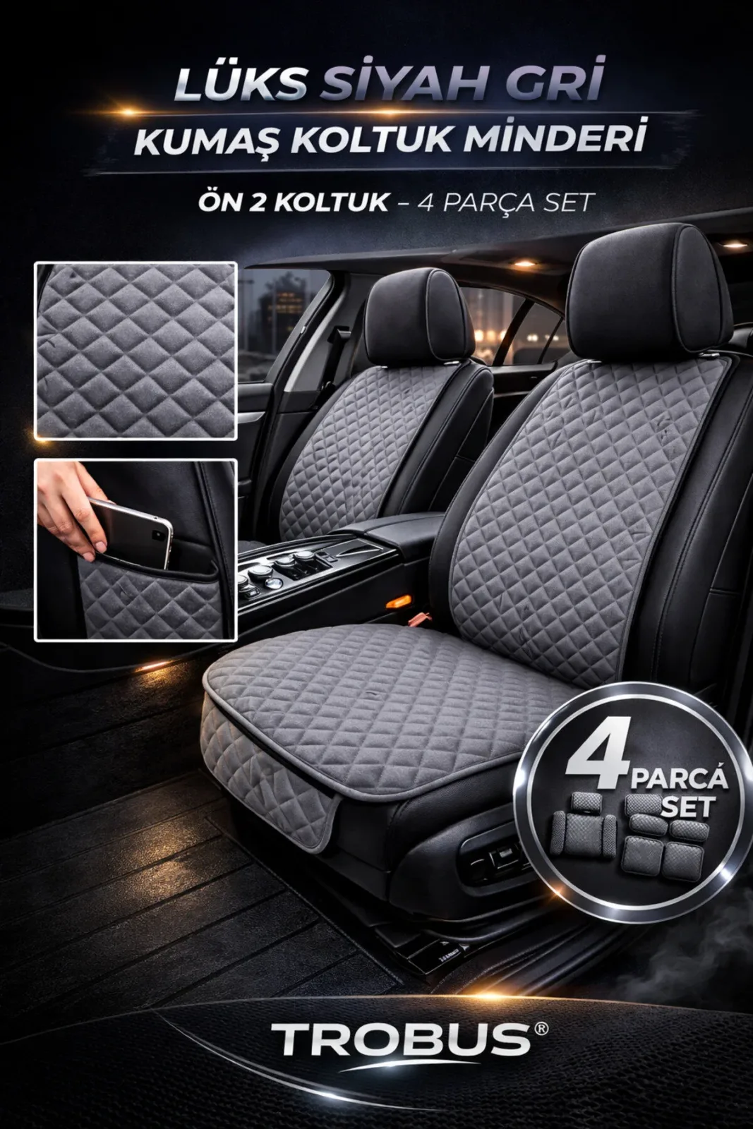 Kumaş Oto Koltuk Minderi Ergonomik Kapitone 2'li Gri