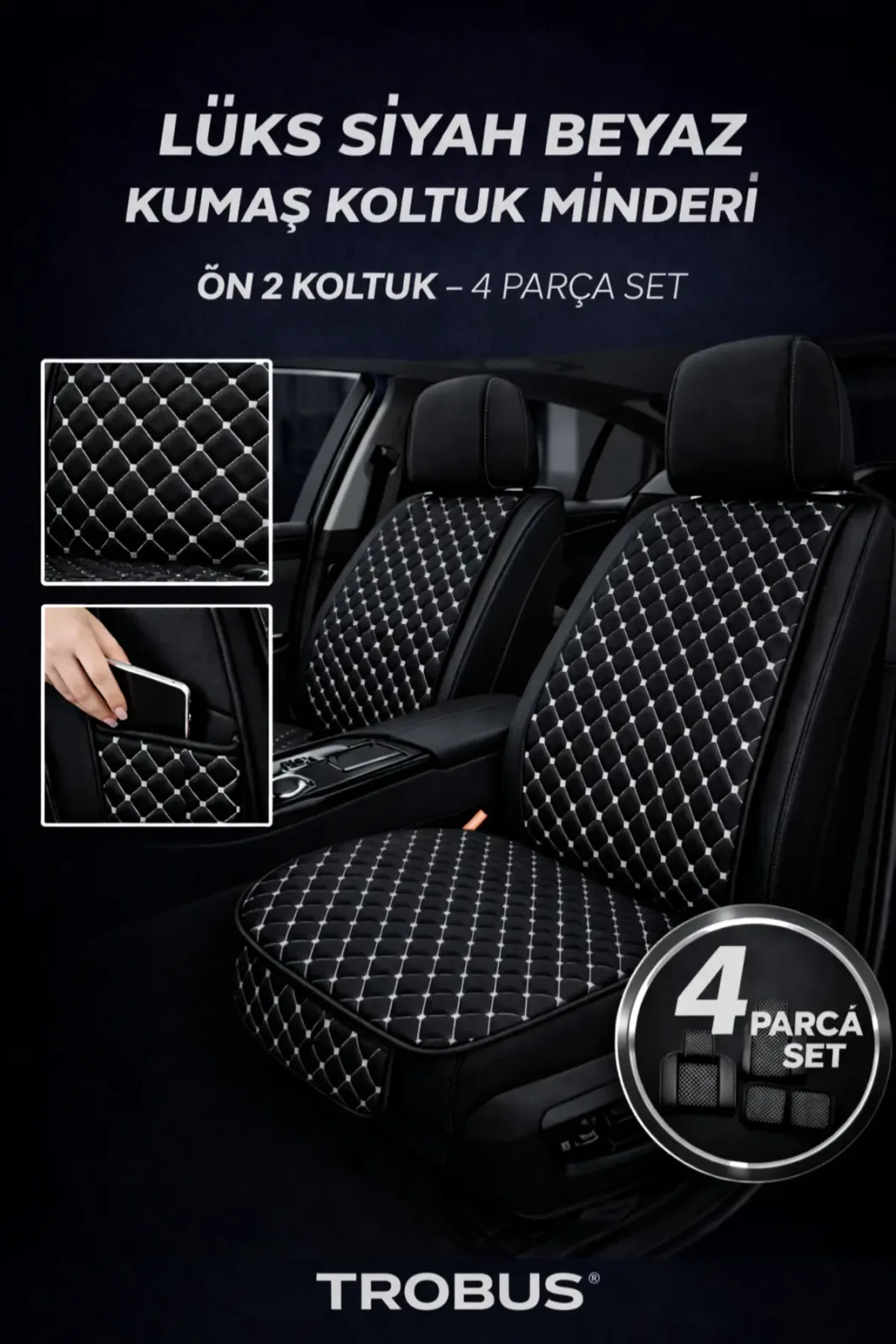 Kumaş Oto Koltuk Minderi Ergonomik Kapitone 2'li Siyah Beyaz