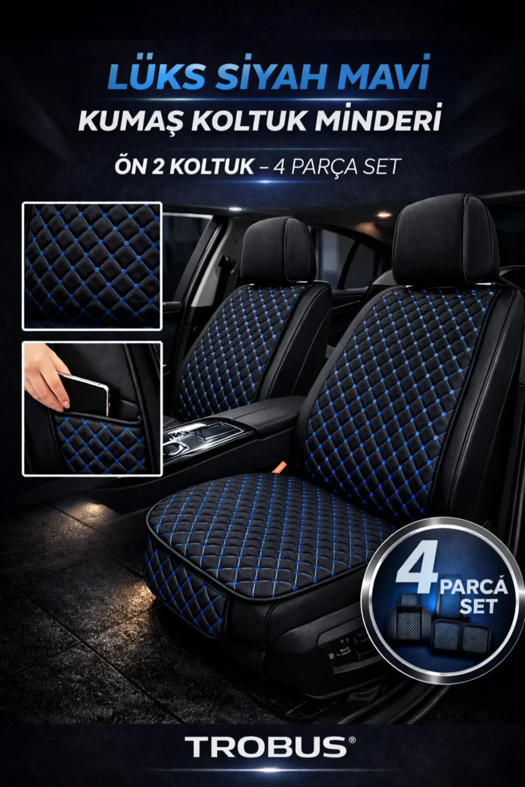Kumaş Oto Koltuk Minderi Ergonomik Kapitone 2'li Siyah Mavi