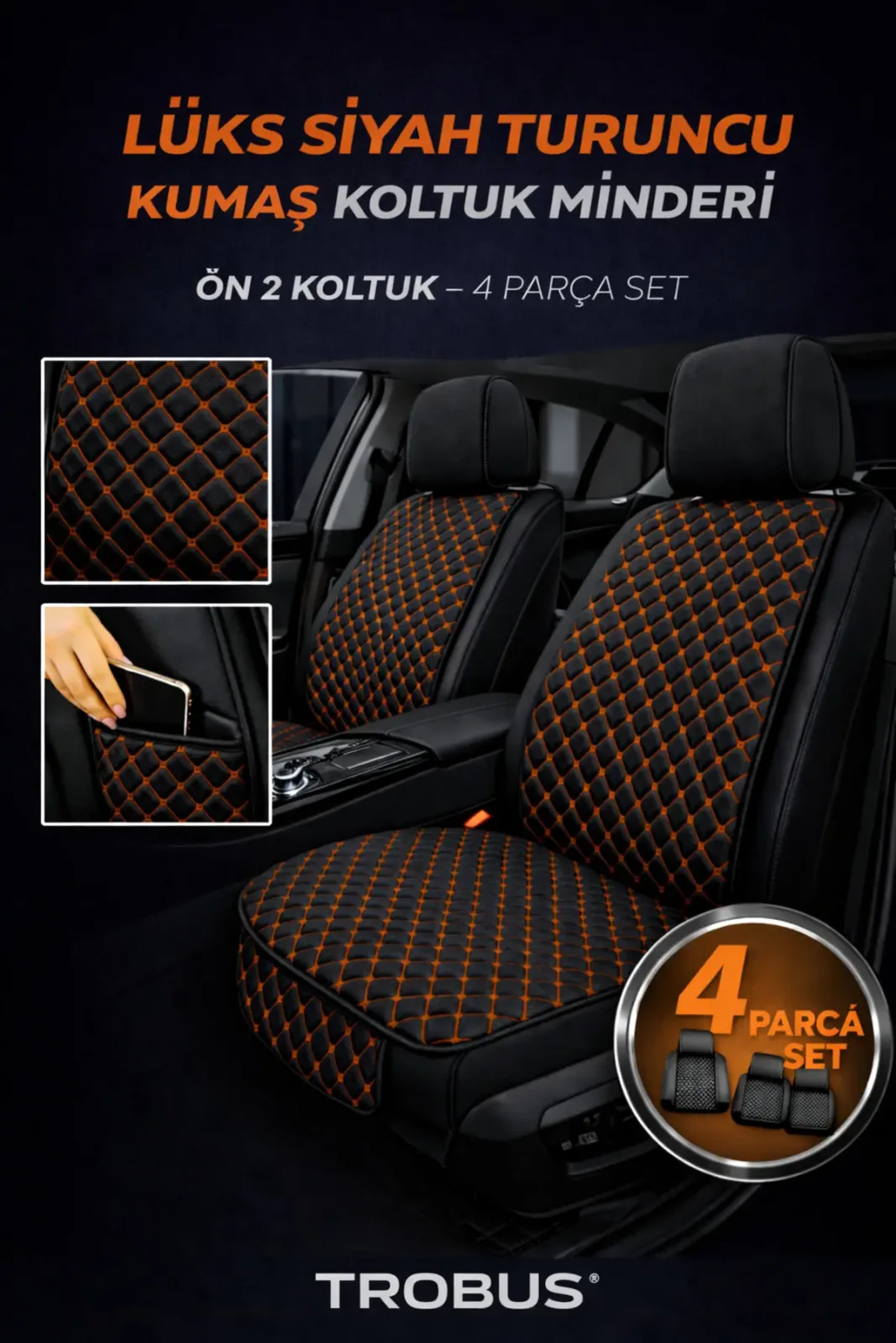 Kumaş Oto Koltuk Minderi Ergonomik Kapitone 2'li Siyah Turuncu