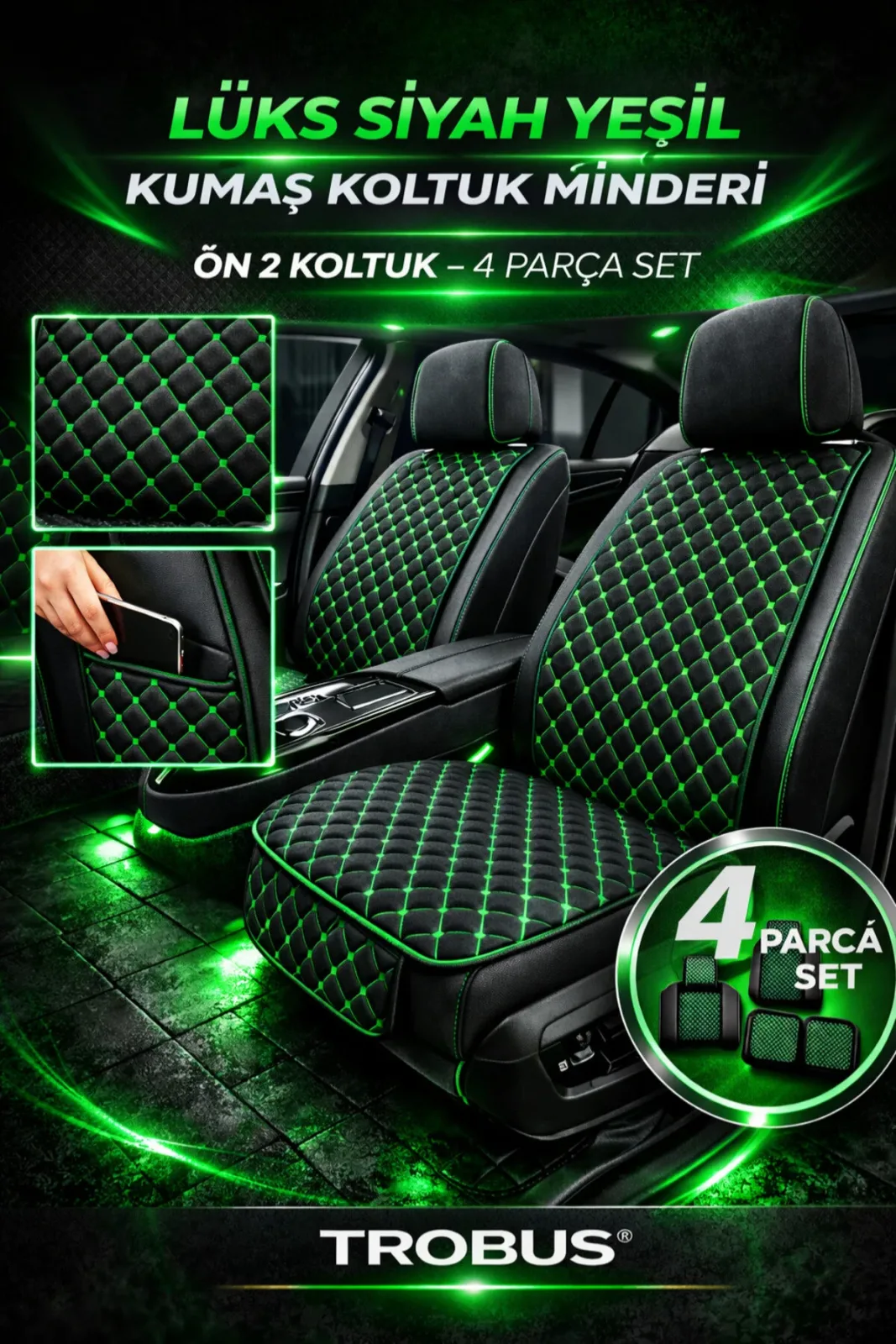 Kumaş Oto Koltuk Minderi Ergonomik Kapitone 2'li Siyah Yeşil