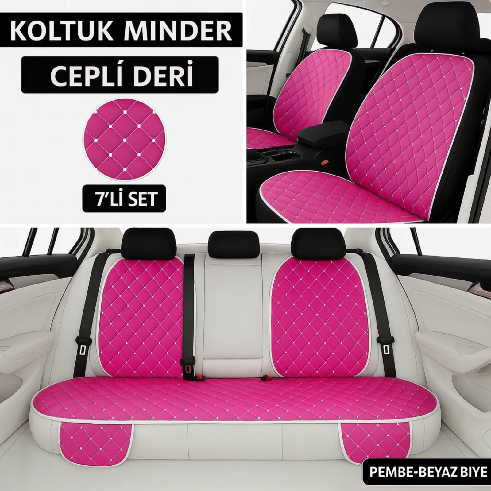 Mercedes 190 (W201) 1982–1993 Uyumlu 7 Parça Kapitone Araba Koltuk Minderi Deri Pembe - Kaymaz | Trobus