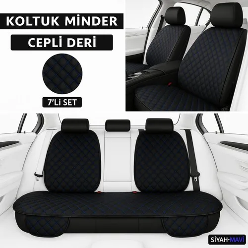 Mitsubishi Galant 1988–1996 Uyumlu 7 Parça Kapitone Araba Koltuk Minderi Deri Siyah Mavi - Kaymaz | Trobus