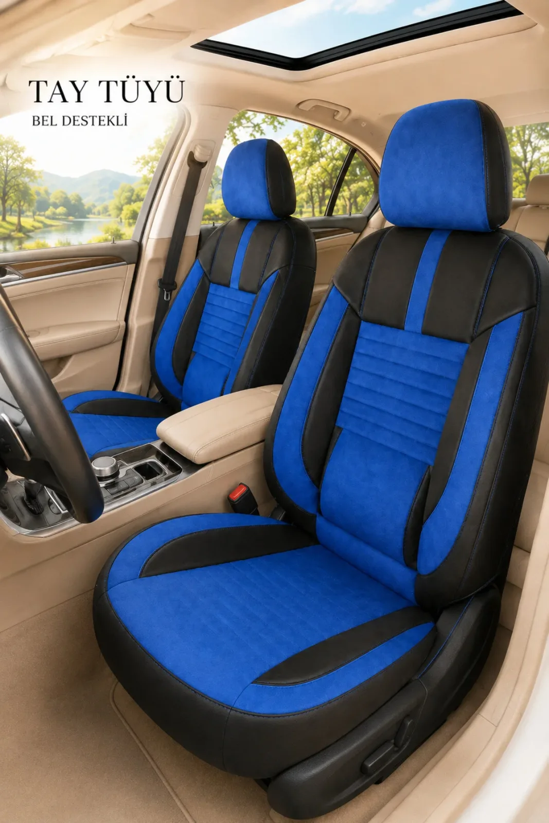 Nissan Juke 2010+ Uyumlu Apex Serisi Tay Tüyü Bel Destekli Mavi Siyah Koltuk Kılıfı
