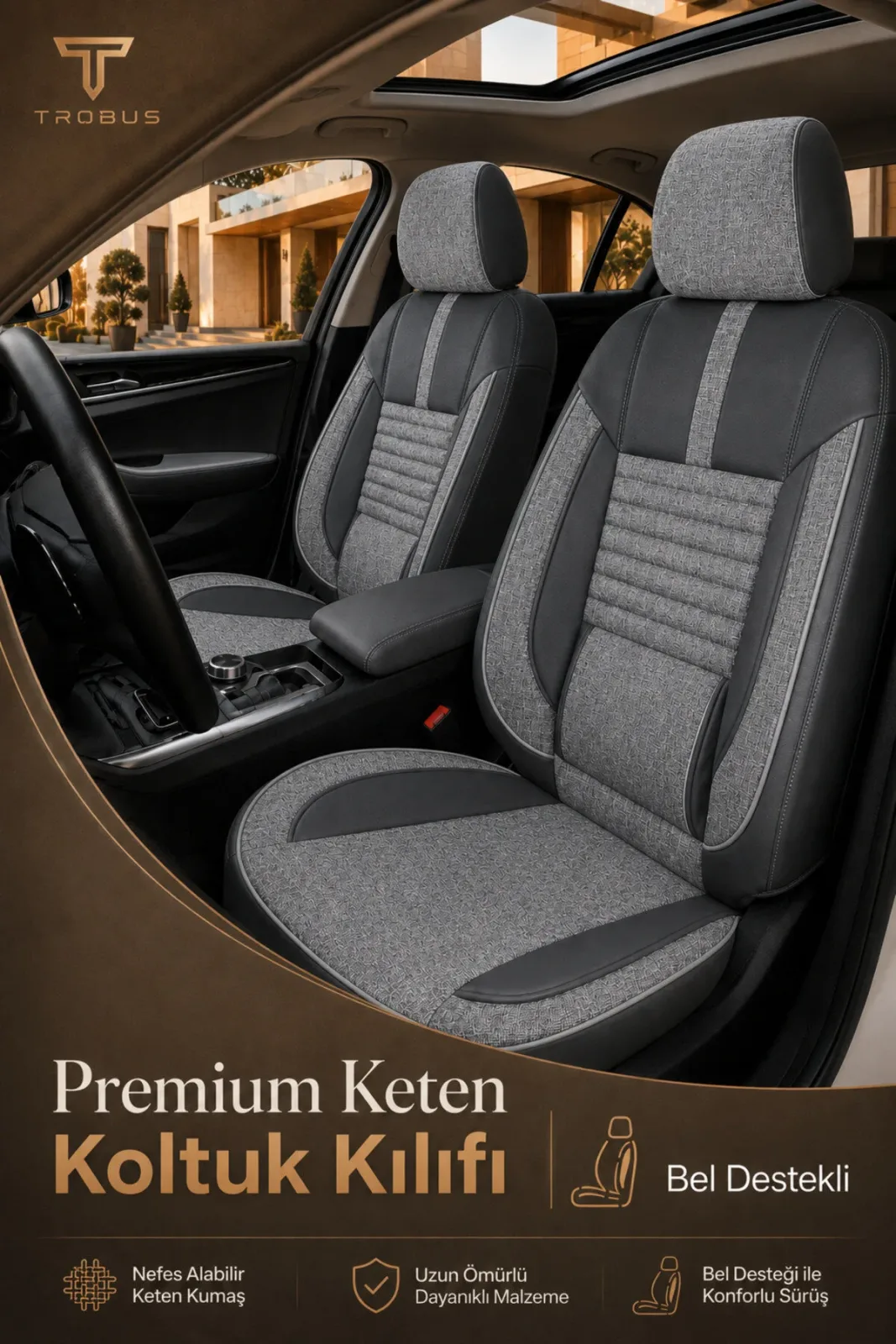 Opel Astra H 2004-2013 Uyumlu Apex Linen Bel Destekli Keten Füme Siyah Koltuk Kılıfı