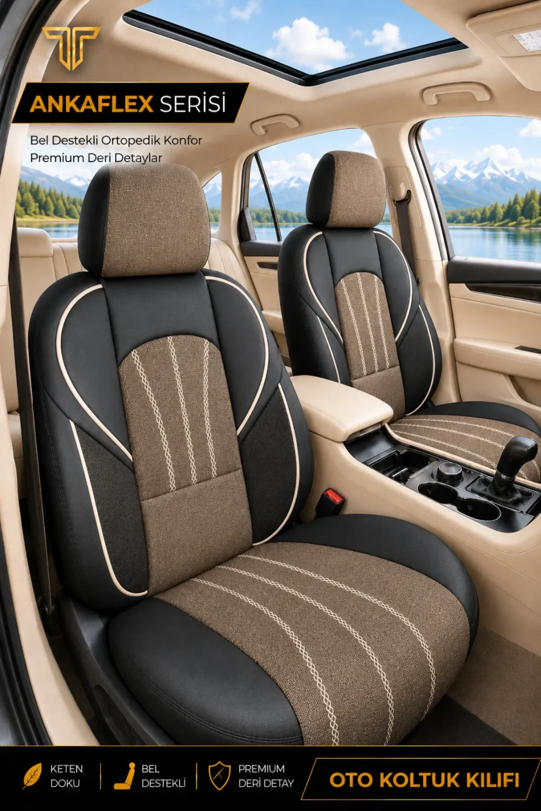Opel Insignia 2008+ Uyumlu ANKAFLEX Bel Destekli Keten Deri Kahve Siyah Koltuk Kılıfı