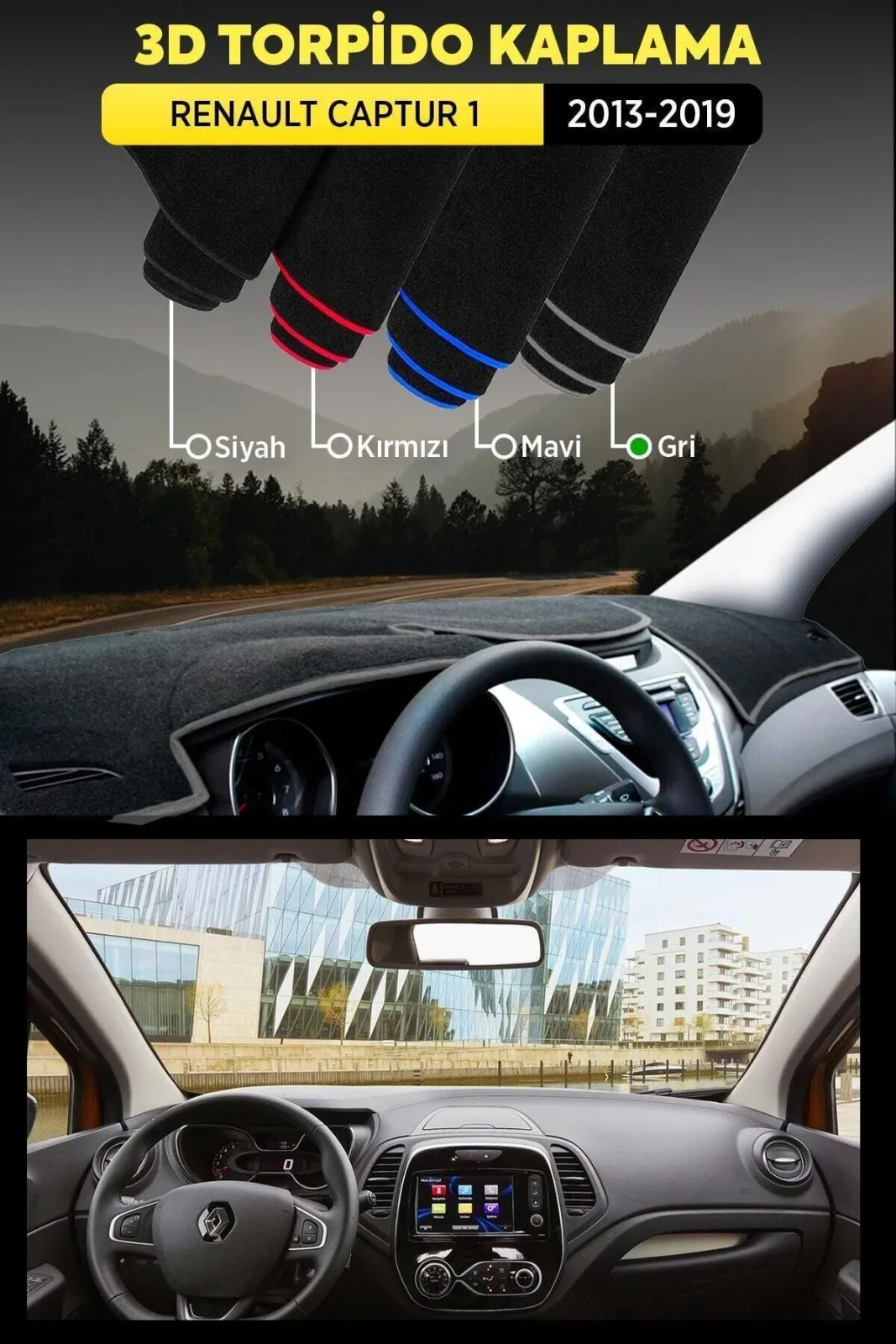 Renault Captur 2 (2019 +) - 3D Torpido Koruma Kılıfı - Ön Göğüs Kaplama - Gri Şerit TROBUS Captur