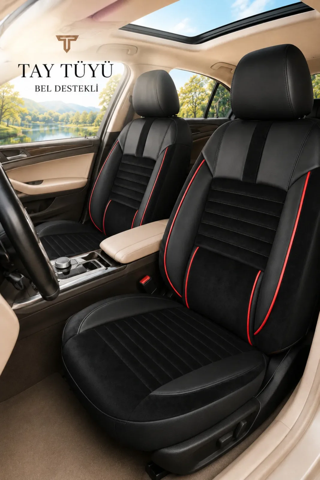 Renault Clio 5 2019+ Uyumlu Apex Serisi Tay Tüyü Bel Destekli Siyah Kırmızı Koltuk Kılıfı