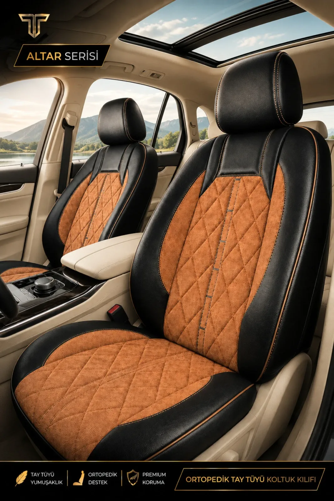 Renault Kadjar 2015+ Uyumlu Altar Serisi Tay Tüyü Taba Siyah Premium Koltuk Kılıfı