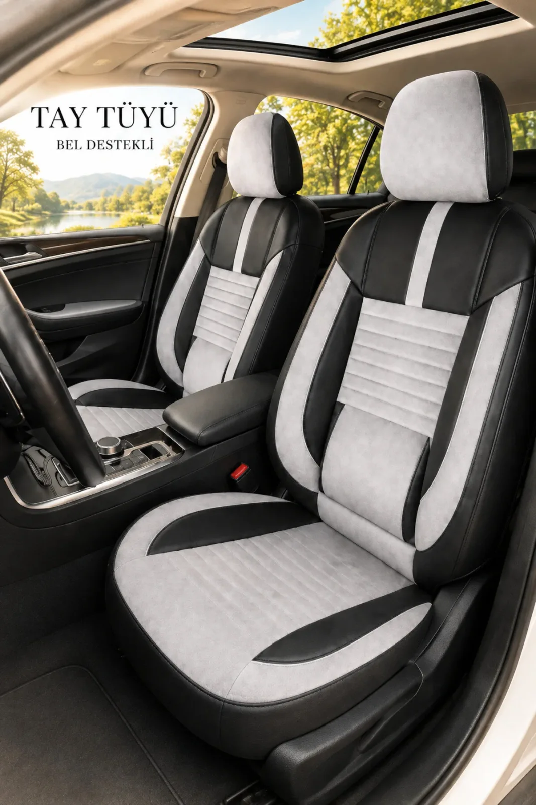 Renault Kadjar 2015+ Uyumlu Apex Serisi Tay Tüyü Bel Destekli Gri Siyah Koltuk Kılıfı