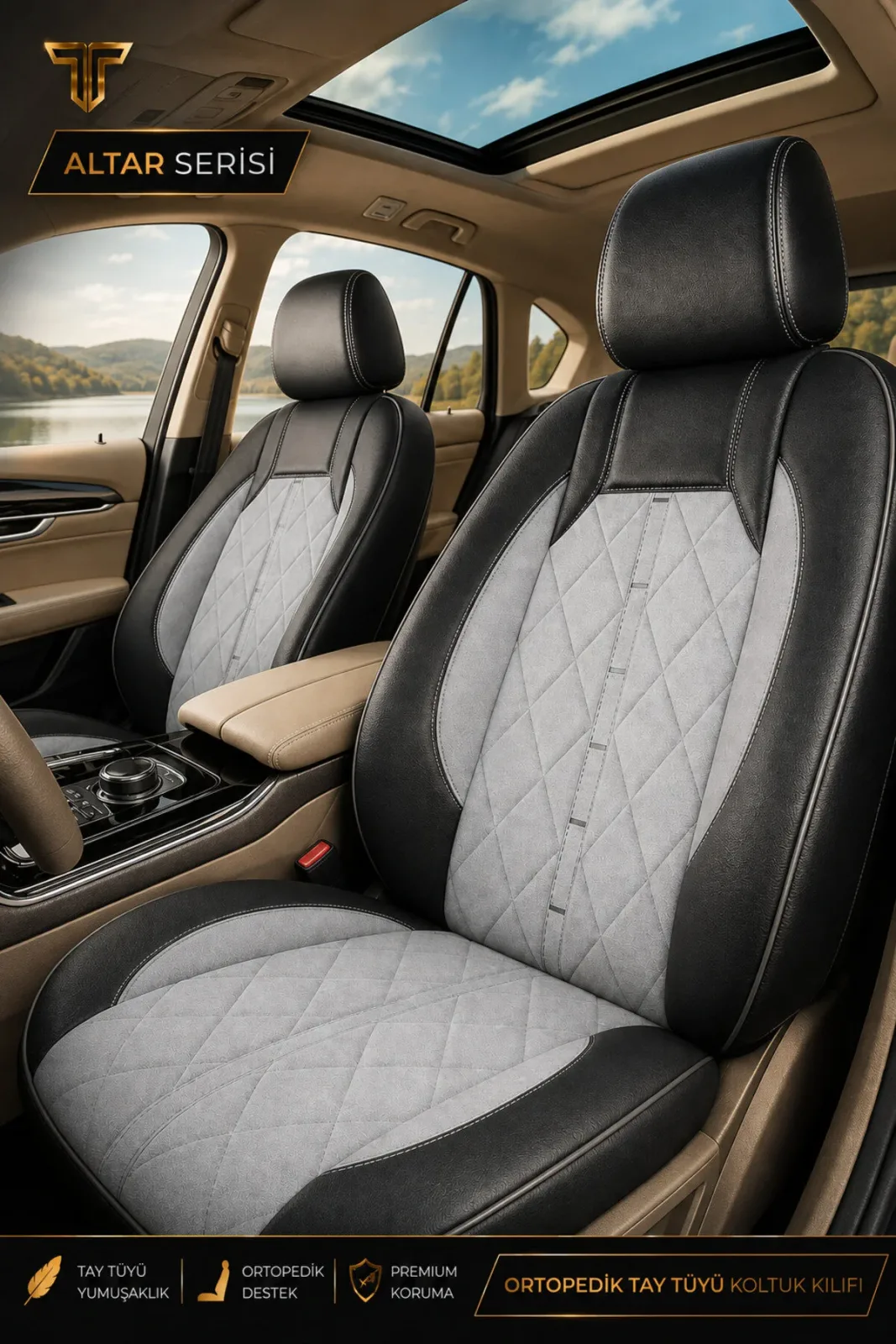 Renault Megane E-Tech 2022+ Uyumlu Altar Serisi Tay Tüyü Gri Siyah Premium Koltuk Kılıfı