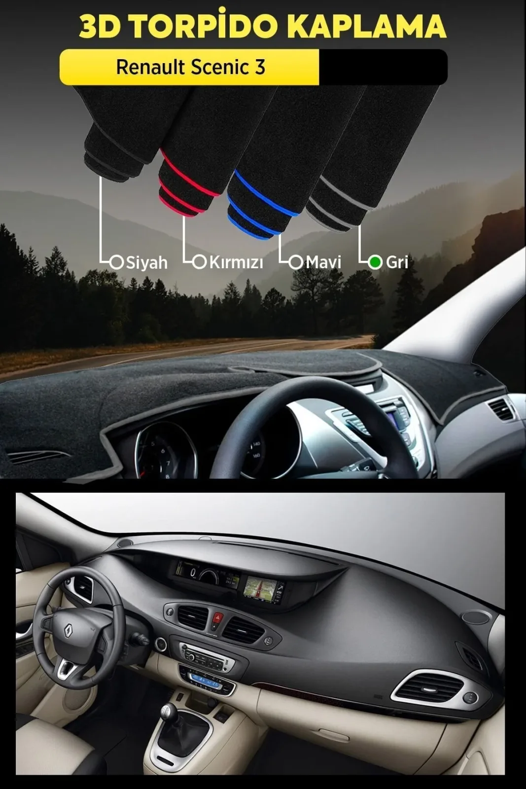 Renault Scenıc 1 - 3D Torpido Koruma Kılıfı - Ön Göğüs Kaplama - Gri Şerit TROBUS Scenic