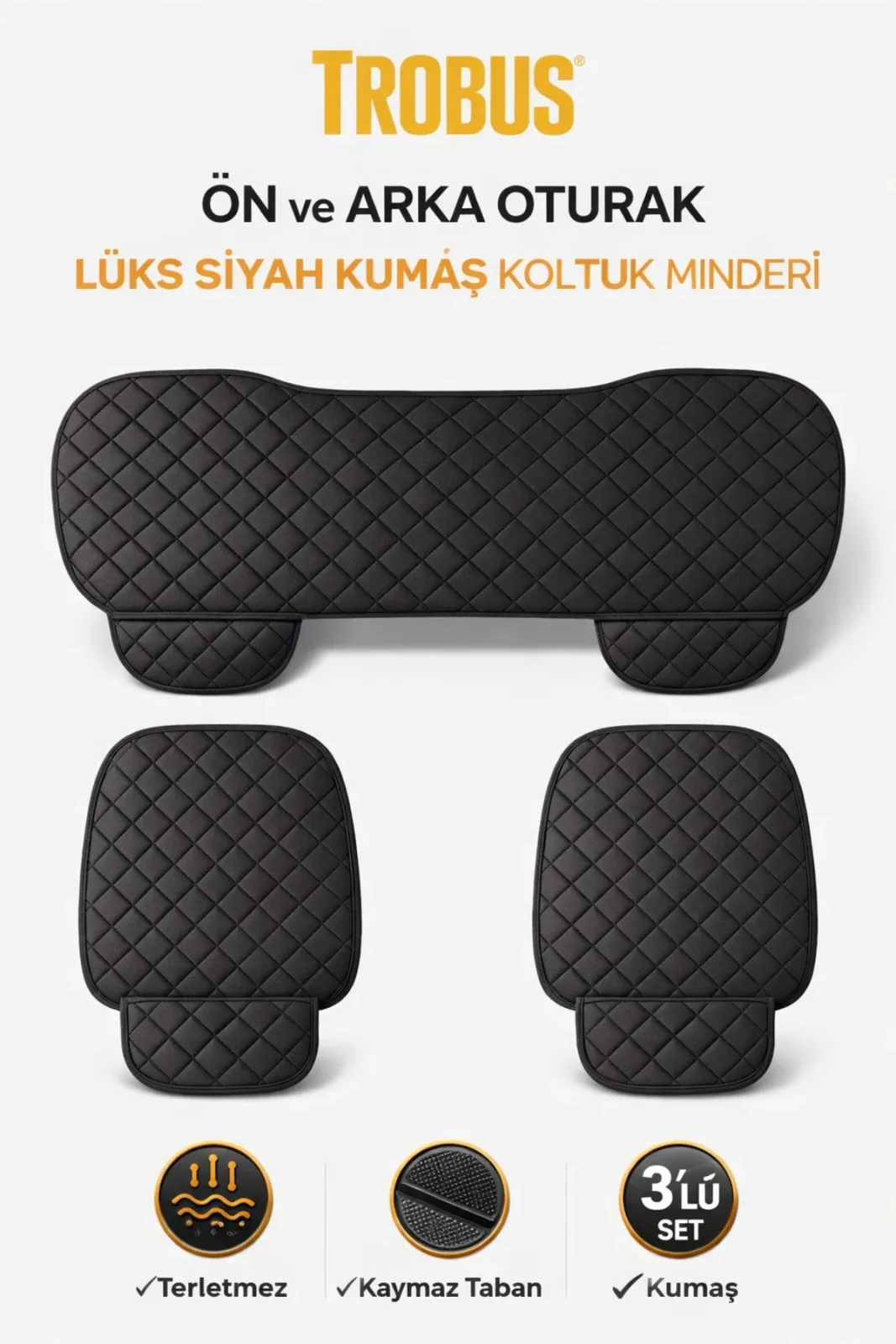 Skoda Rapid Uyumlu 3 Parça Kapitone Kumaş Minder Siyah