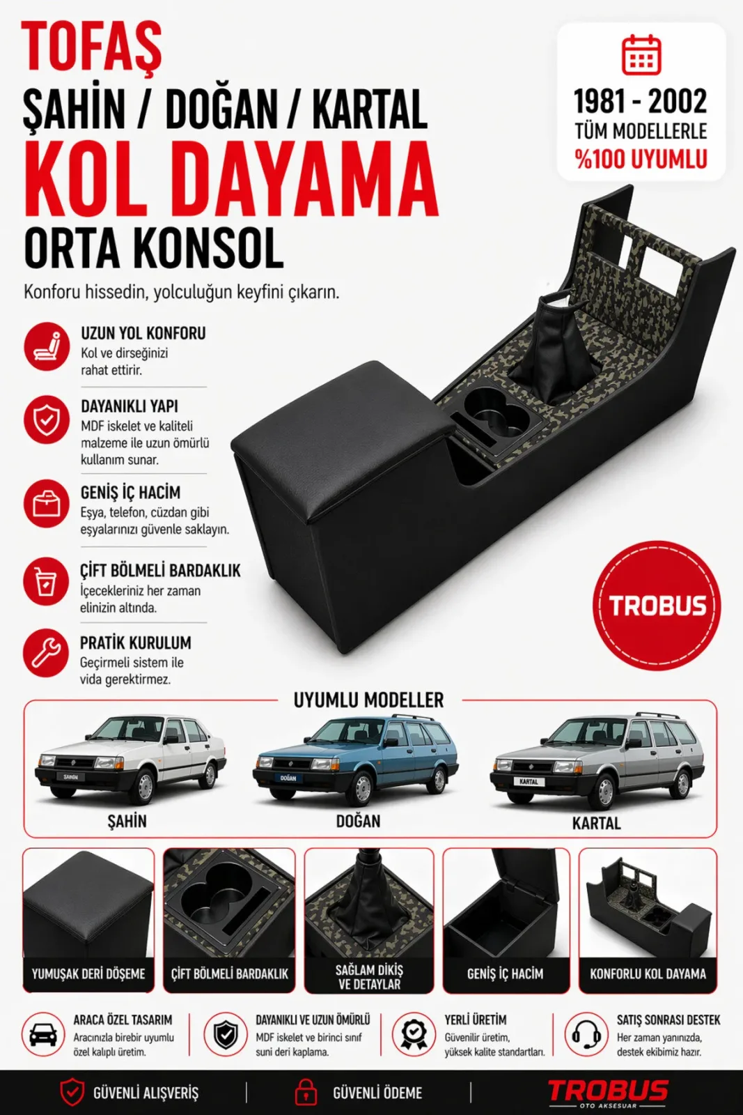 Tofaş Doğan SL SLX 1981-2002 Tam Boy Orta Konsol Kol Dayama Bardaklıklı Deri Döşeme Siyah Kamuflaj