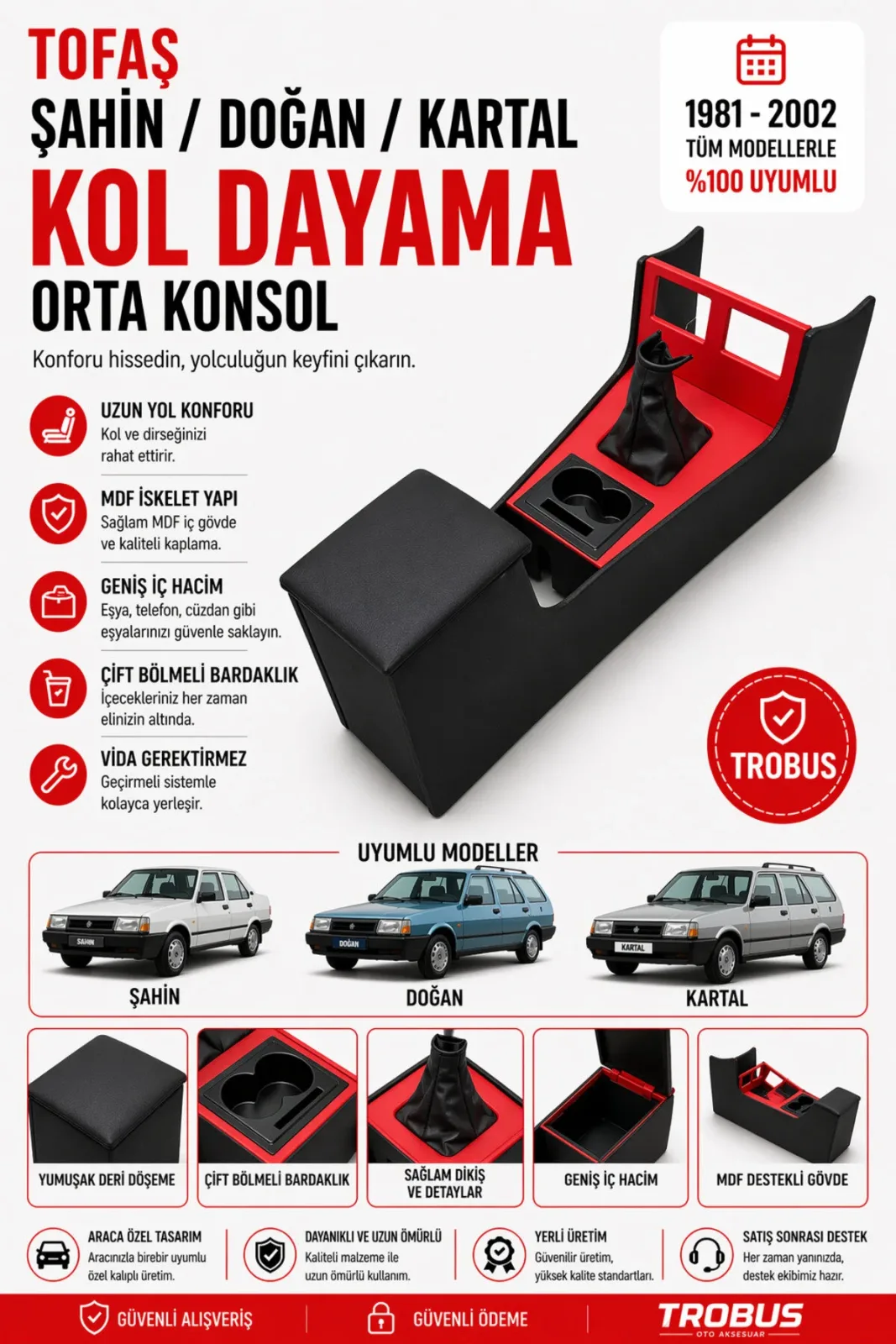 Tofaş Doğan SLX 1.6 ie Tam Boy Orta Konsol Kol Dayama Bardaklıklı Deri Döşeme Siyah Kırmızı