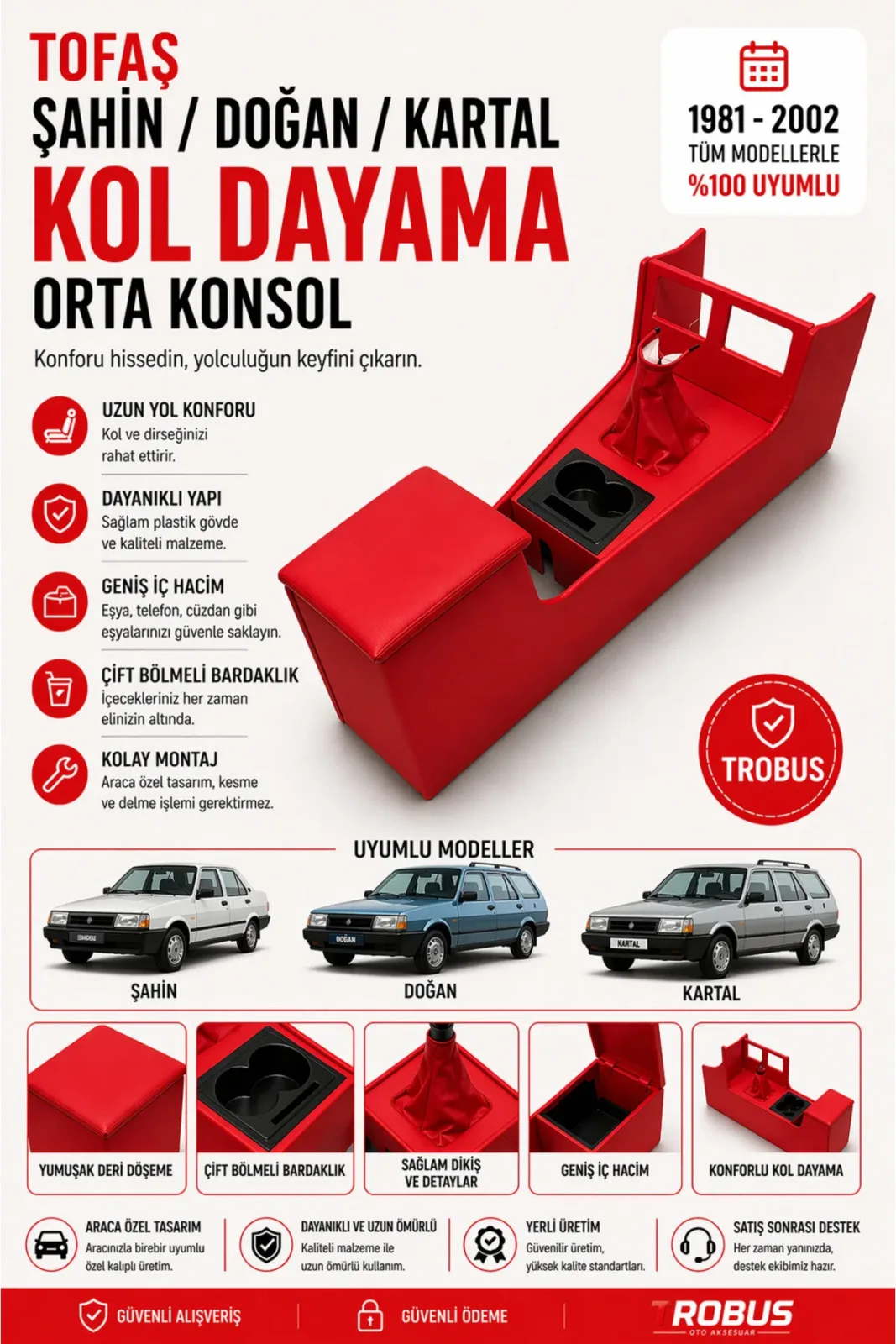 Tofaş Kartal Kargo 1998-2002 Tam Boy Orta Konsol Kol Dayama Bardaklıklı Deri Kırmızı
