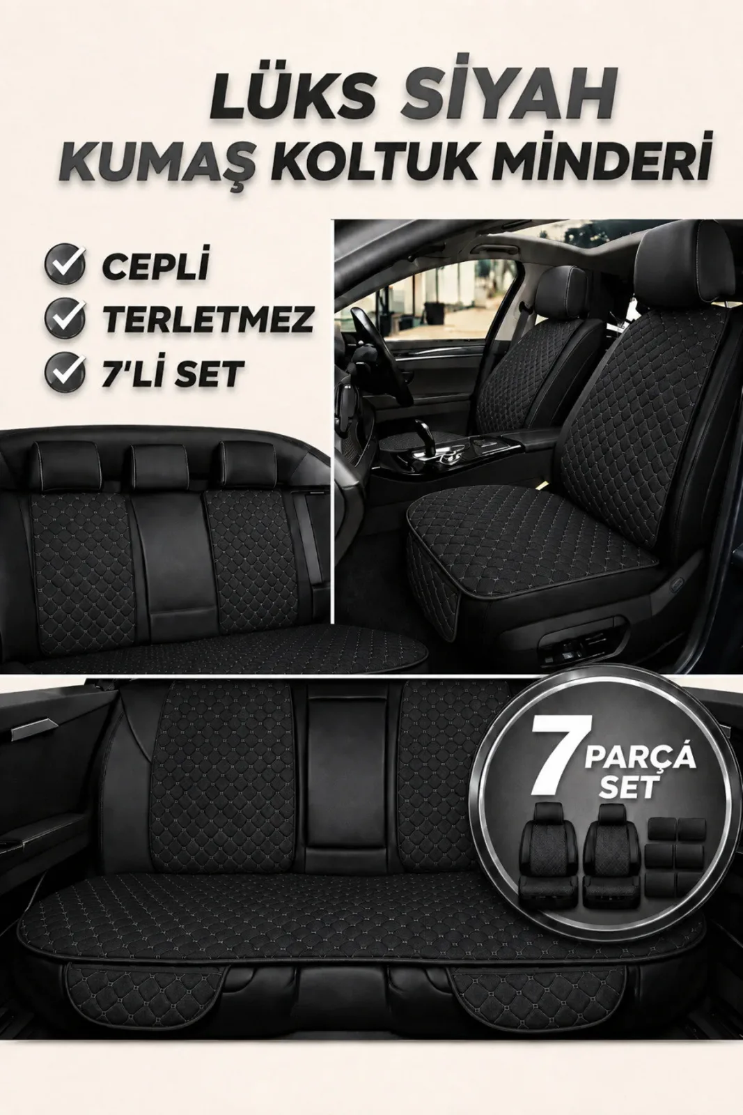 Toyota Carina 1970–2001 Uyumlu Kumaş Koltuk Minderi Kapitone Desen Terletmez Yedili Siyah