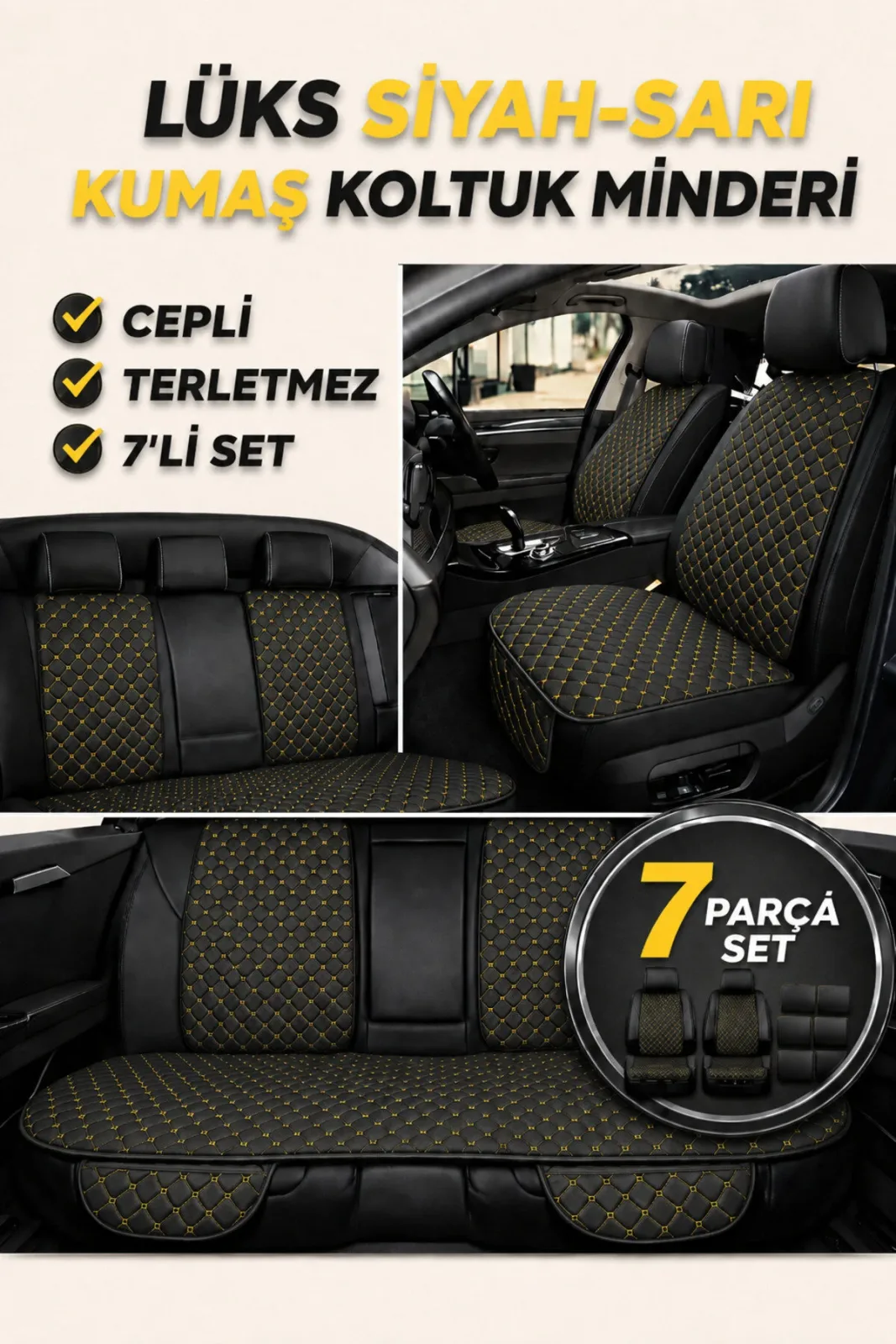Toyota Crown 1970–1990 Uyumlu Kumaş Koltuk Minderi Kapitone Desen Terletmez Yedili Siyah Sarı
