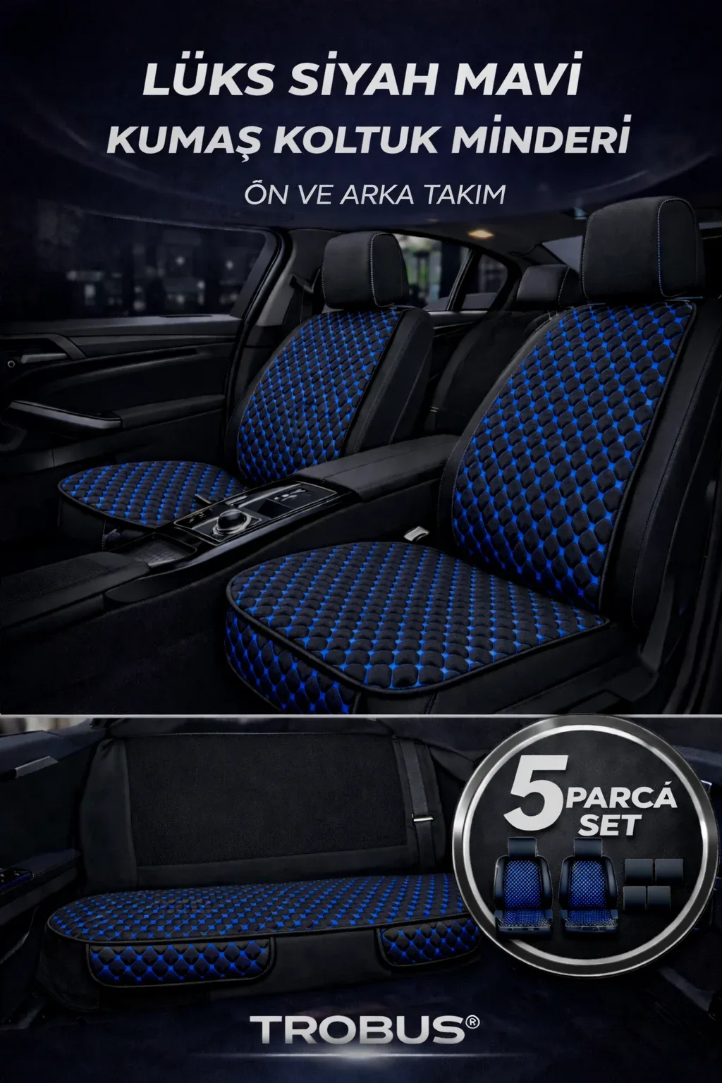 Trobus Proton Gen-2 2005–2012 Uyumlu Kumaş Koltuk Minderi Kapitone Desen Terletmez Beşli Siyah Mavi