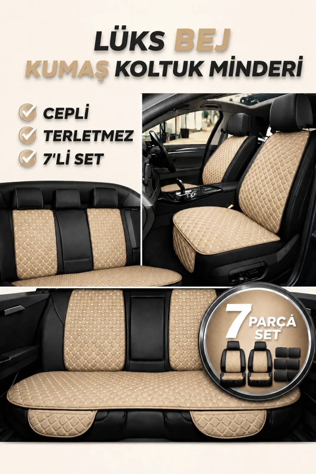 Volkswagen New Beetle 1998–2011 Uyumlu Kumaş Koltuk Minderi Kapitone Desen Terletmez Yedili Bej