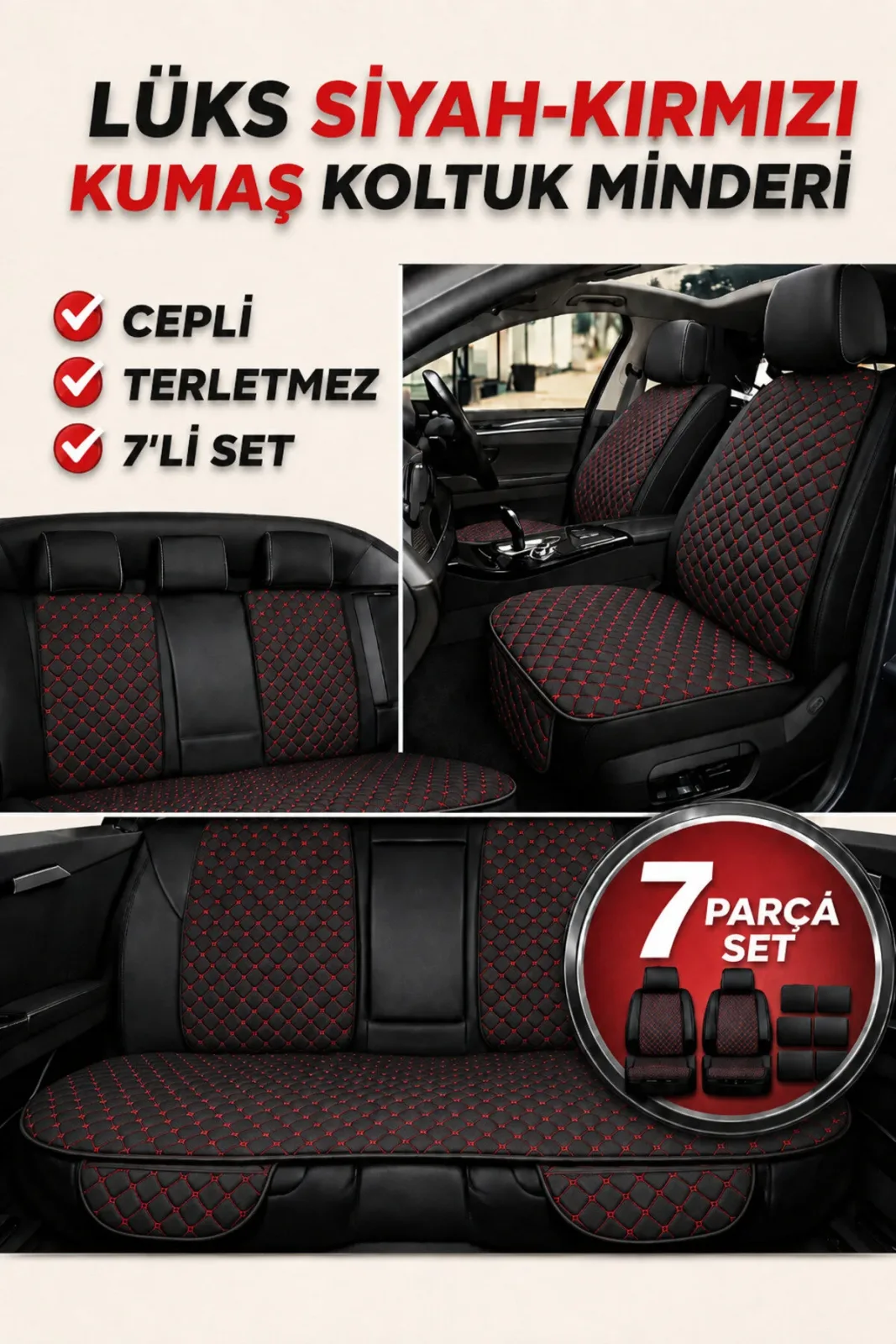 Volkswagen Polo 2009–2021 Uyumlu Kumaş Koltuk Minderi Kapitone Desen Terletmez Yedili Siyah Kırmızı